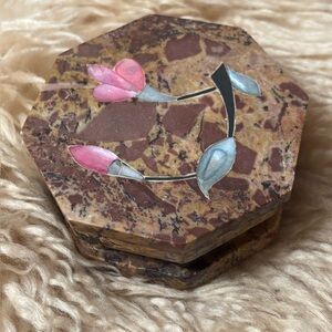 Vintage Octagonal Jewelry Trinket Box with Mother-of-Pearl Floral Inlay